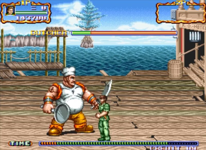 The giant cook is the first boss in the arcade game, developed by IREM